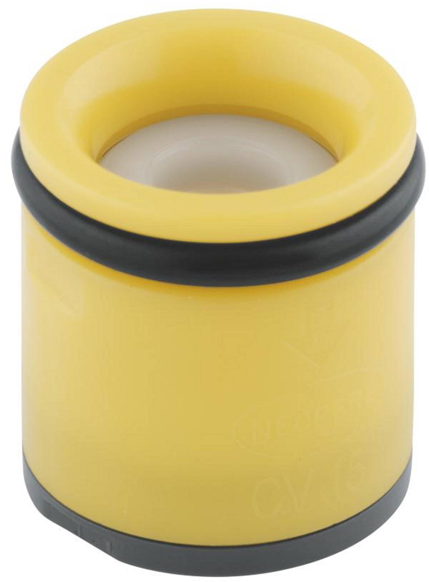 Yellow cylindrical valve component with black rubber seals on top and bottom and white center opening.