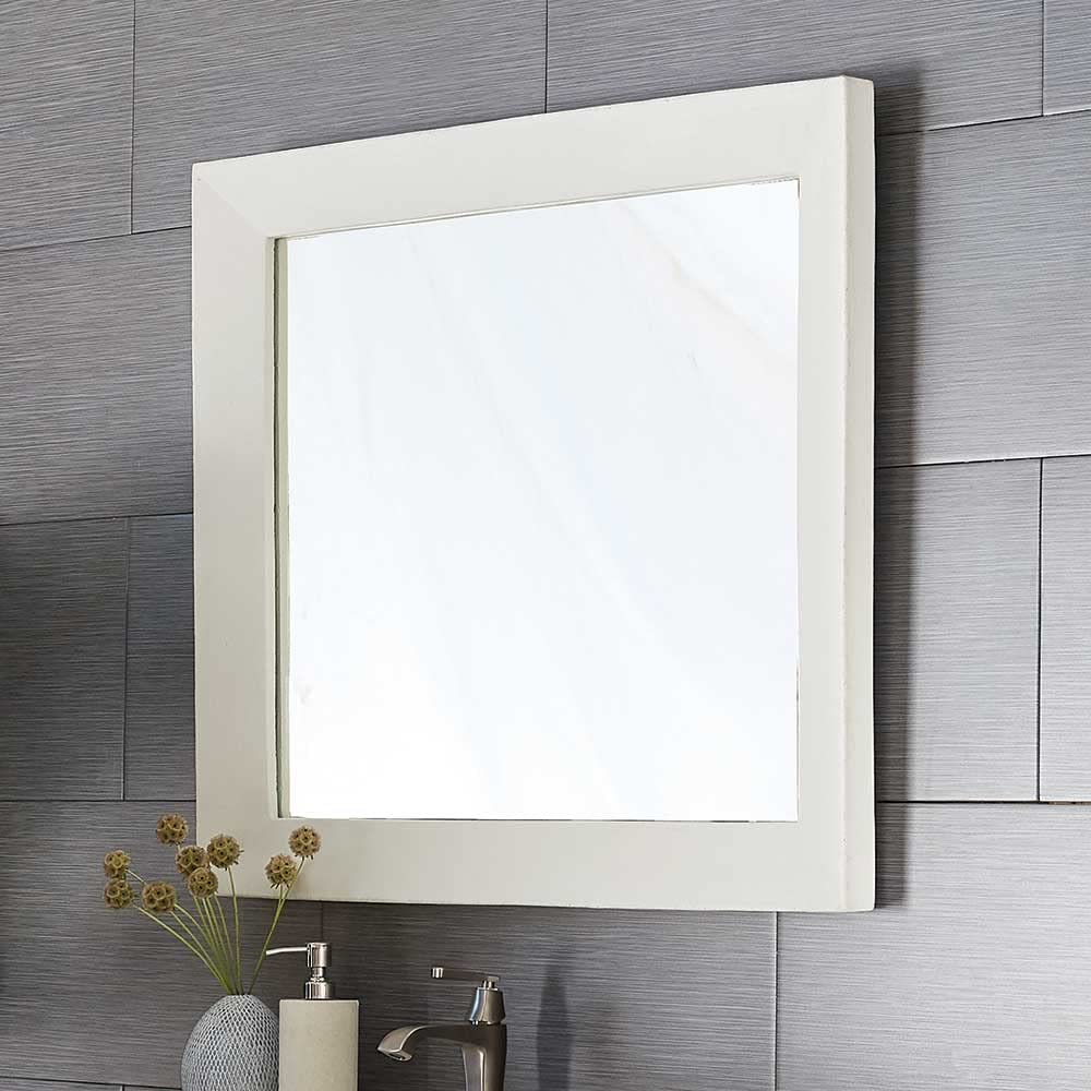 Pearl-finish square wall mirror with white reflective glass and wide frame mounted above bathroom sink.