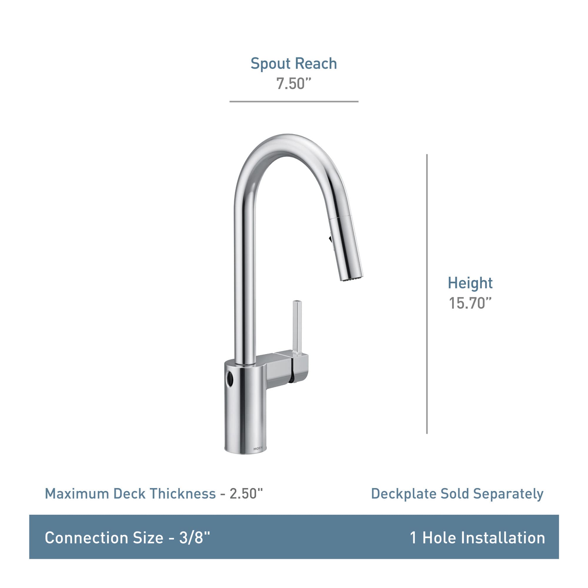 Brushed gold high-arc pulldown kitchen faucet with single handle and sensor activation, 15.70" height, 7.50" spout reach.