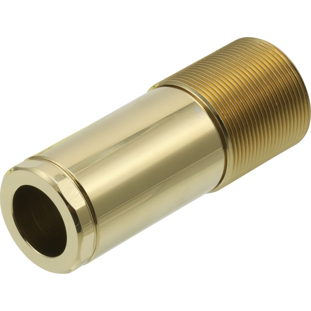 Polished brass cylindrical sleeve with threaded end and hollow center opening.