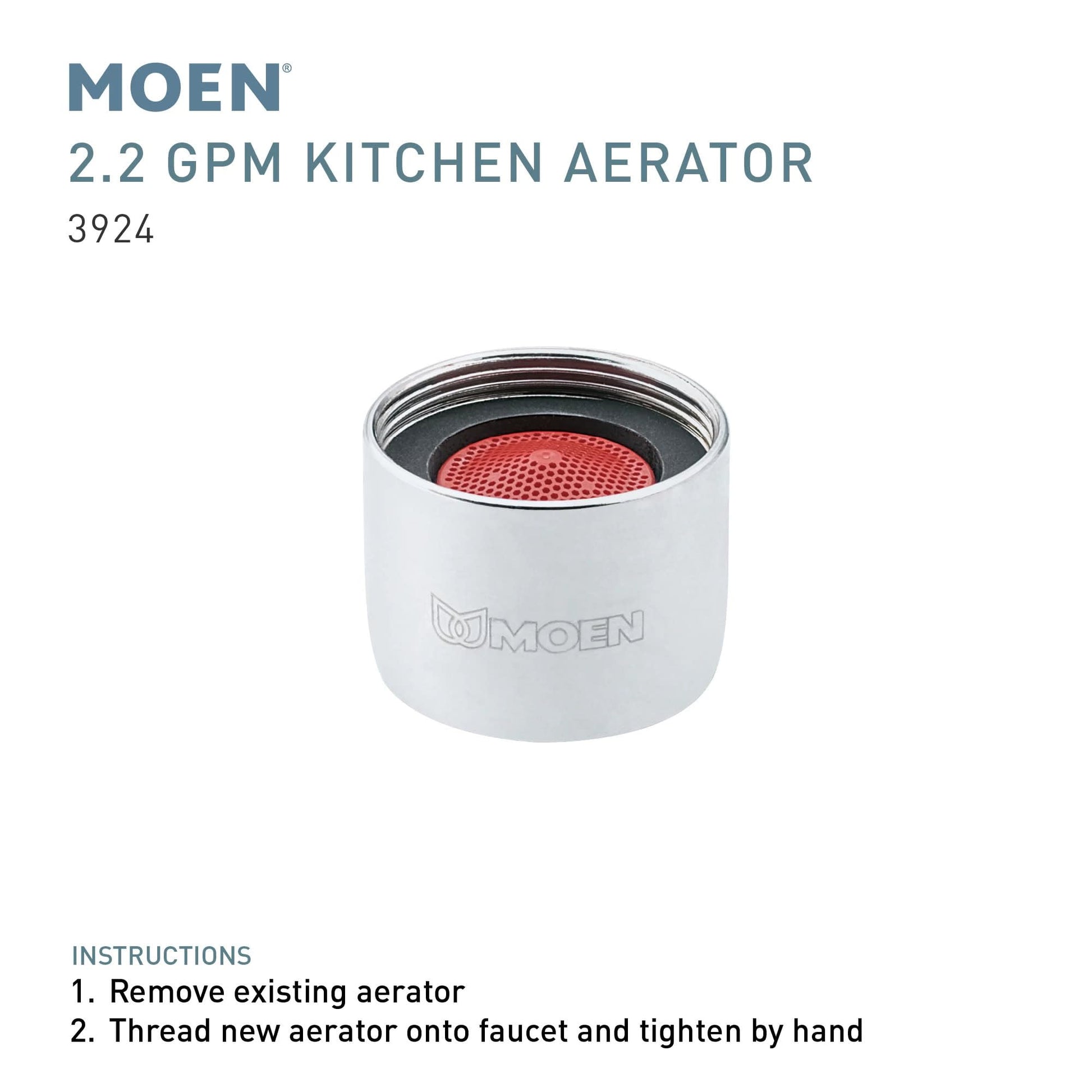 White cylindrical Moen aerator with chrome rim and red mesh screen insert visible from above.