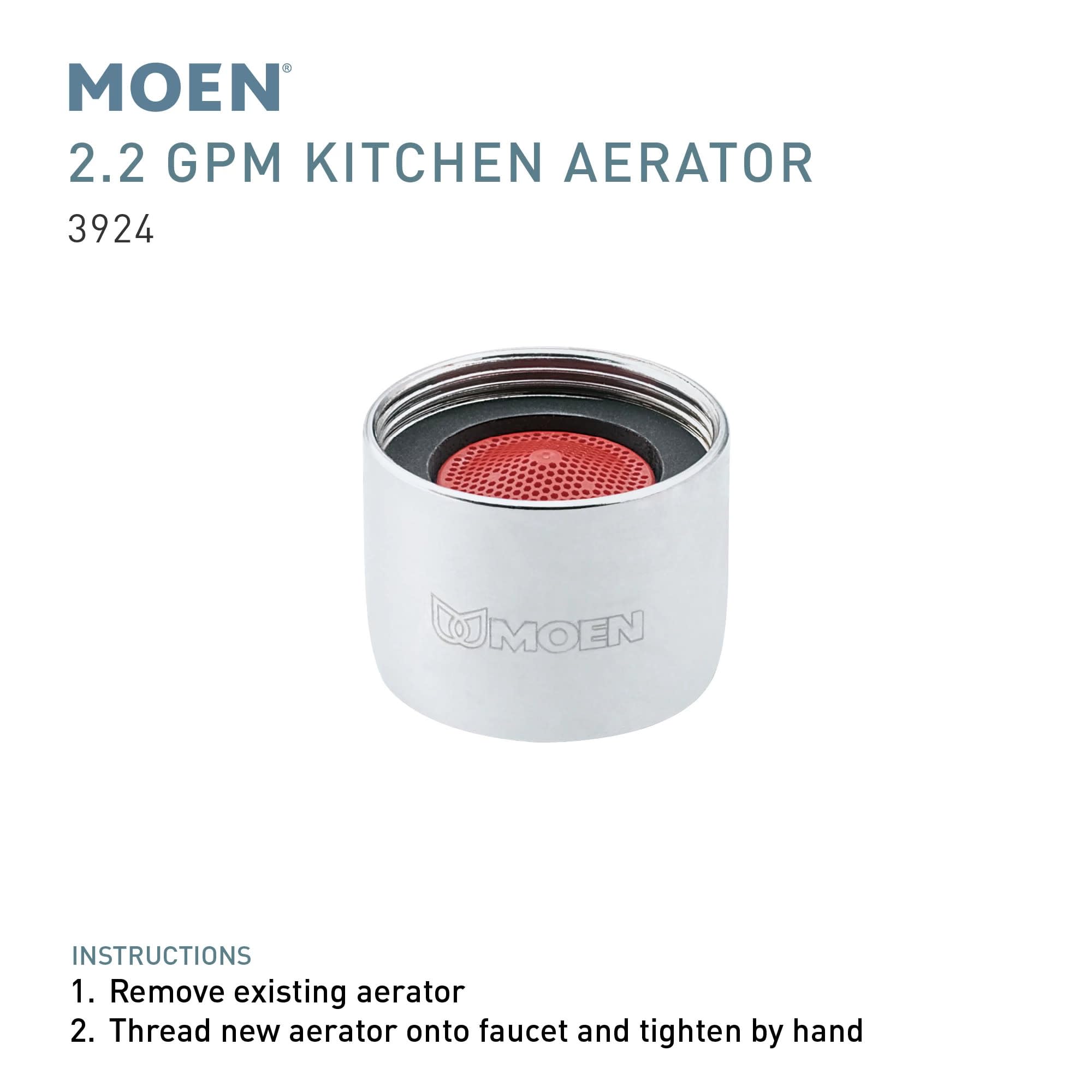 White cylindrical Moen aerator with chrome rim and red mesh screen insert visible from above.