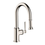 Polished nickel prep kitchen faucet with curved pull-down spout and single lever handle.