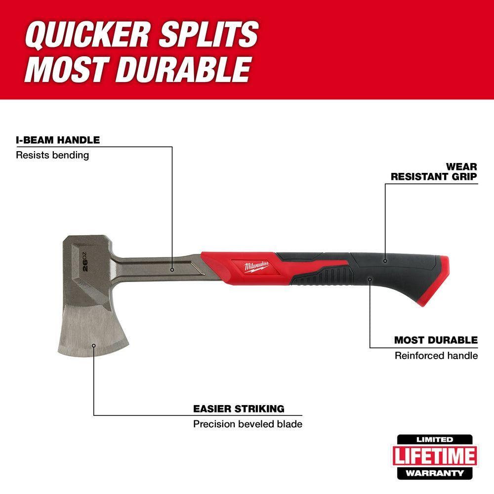Milwaukee 16" splitting axe with gray metal blade, red and black composite handle, and wear-resistant grip.