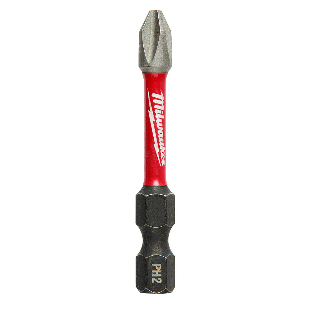 Milwaukee Shockwave Phillips #2 impact power bit with red sleeve and black hex driver end.