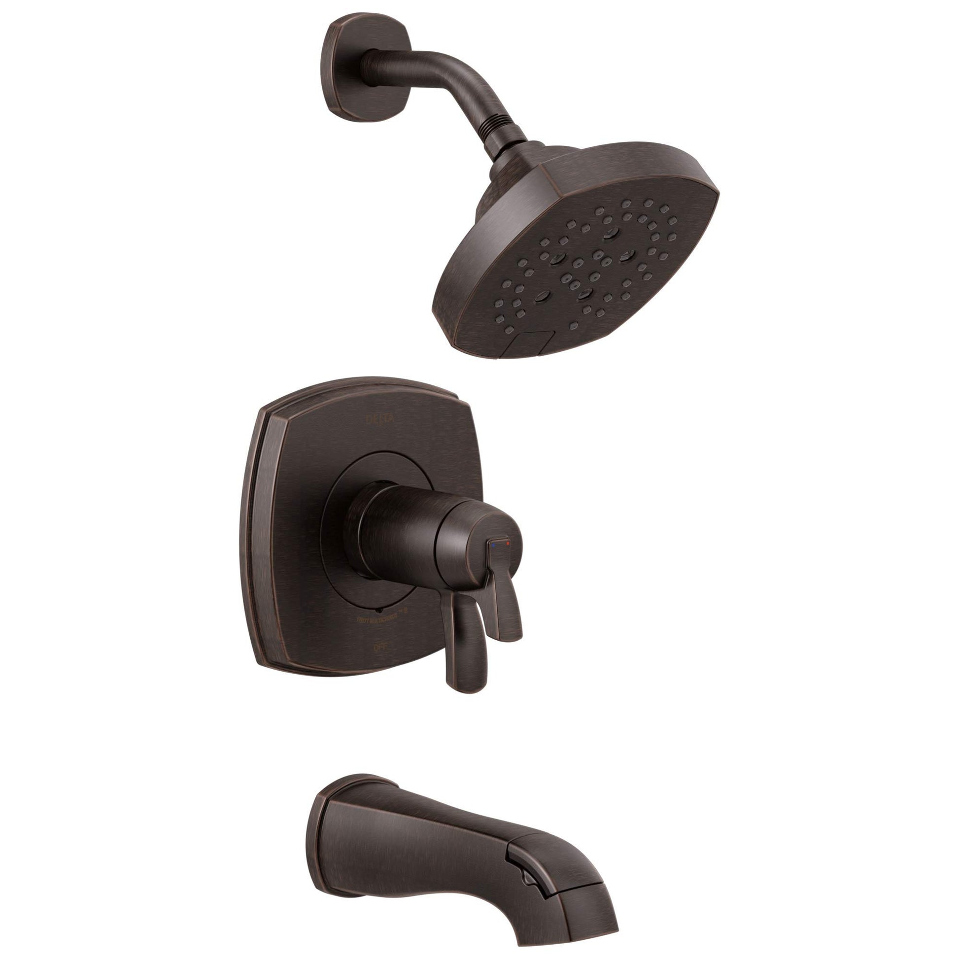 Matte black thermostatic tub and shower system with showerhead, curved tub spout, and lever control valve.