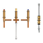 Moen two-handle roman tub valve with brass body, red and blue handle caps, copper connections, and chrome shower diverter ste