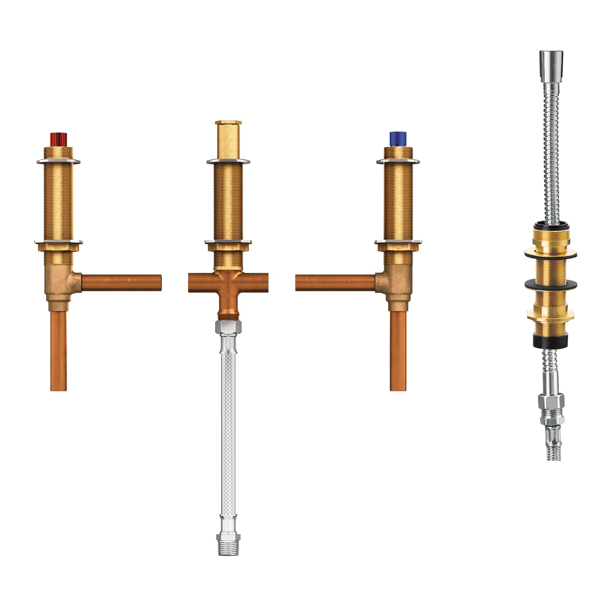 Moen two-handle roman tub valve with brass body, red and blue handle caps, copper connections, and chrome shower diverter ste