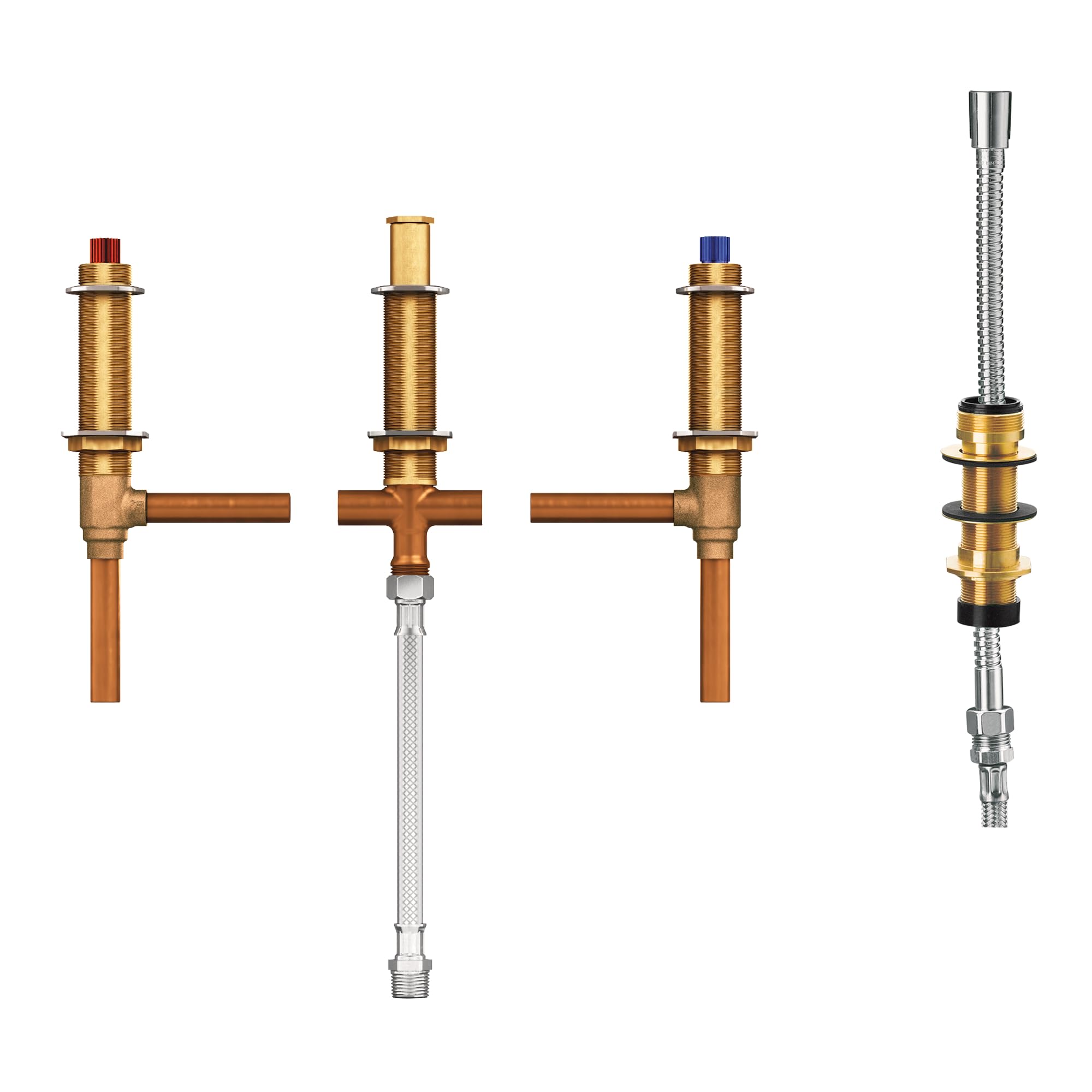 Moen two-handle roman tub valve with brass body, red and blue handle caps, copper connections, and chrome shower diverter ste