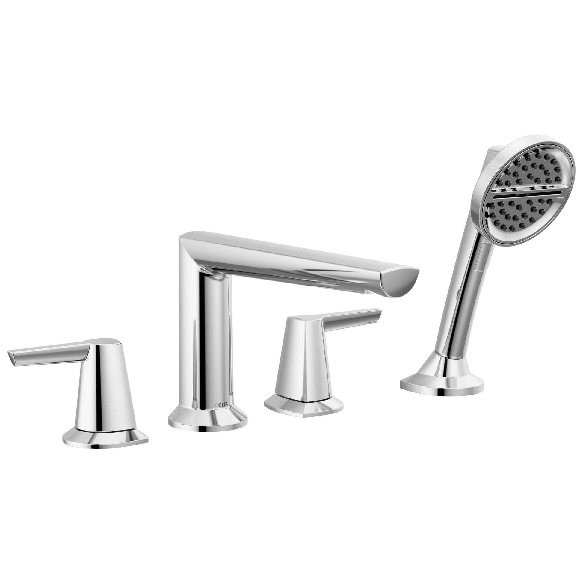 Chrome four-piece roman tub trim with two lever handles, curved spout, and detachable hand shower head.