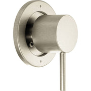 Brushed nickel diverter trim with circular backplate and cylindrical lever handle extending downward.