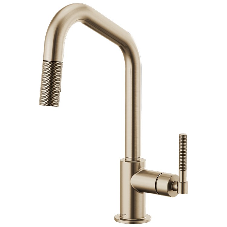 Brushed nickel pull-down kitchen faucet with angled spout and knurled handles.