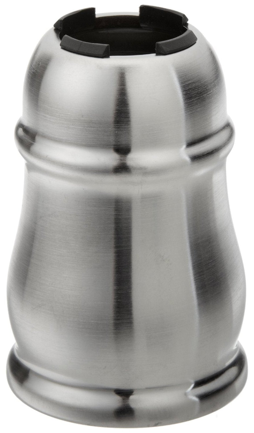 Stainless steel valve sleeve assembly with brushed finish, black rubber grip tabs at top opening, cylindrical tapered shape w