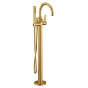 Brushed gold freestanding tub filler with arched spout, single handle, and detachable handshower with hose.