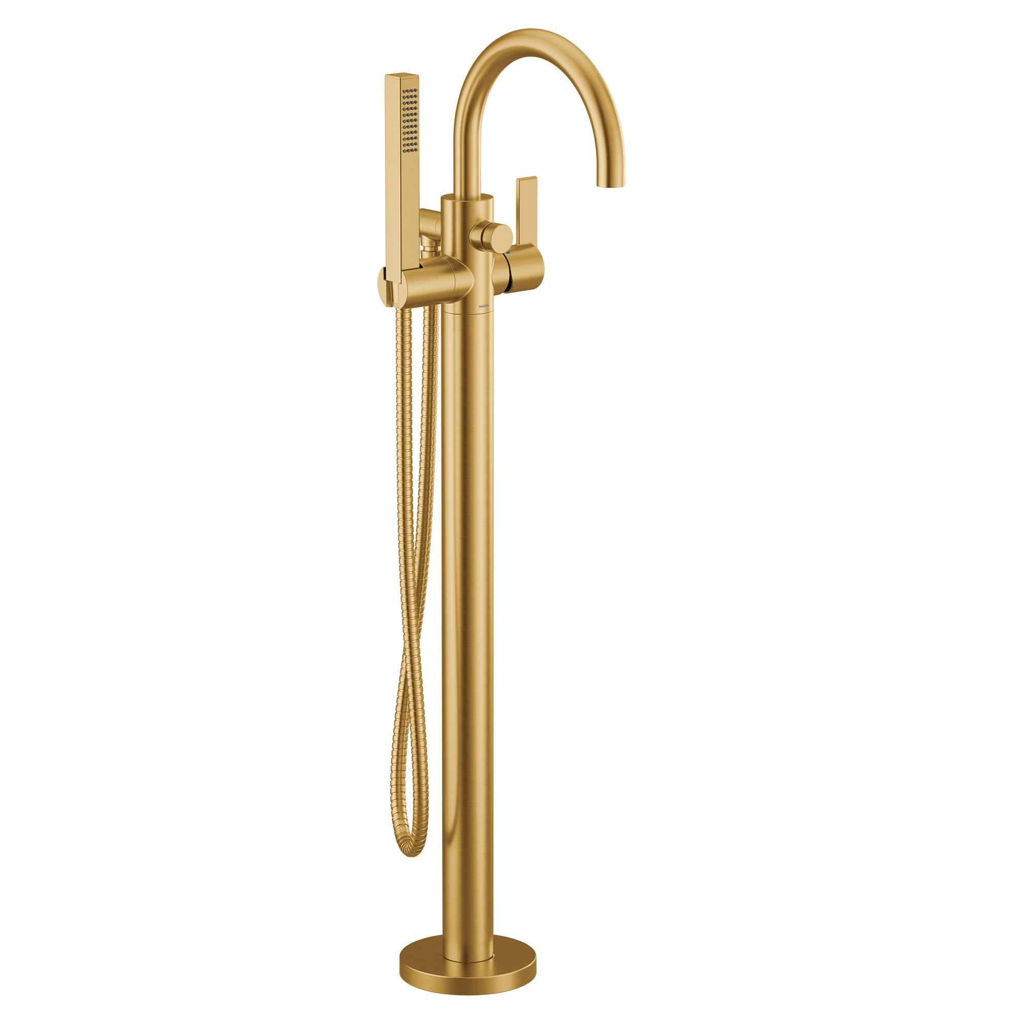 Brushed gold freestanding tub filler with arched spout, single handle, and detachable handshower with hose.