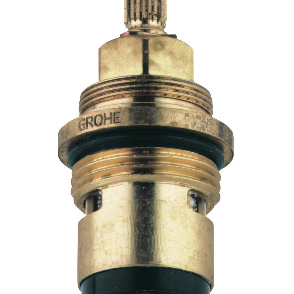 Grohe ceramic cartridge with brass body, black rubber seals, and threaded connections for faucet repair.