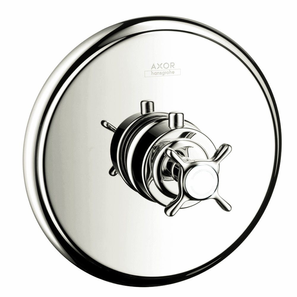 Polished nickel thermostatic shower trim with cross handle and circular escutcheon plate.