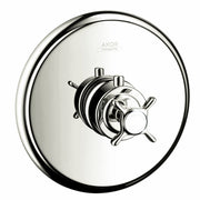 Polished nickel thermostatic shower trim with cross handle and circular escutcheon plate.