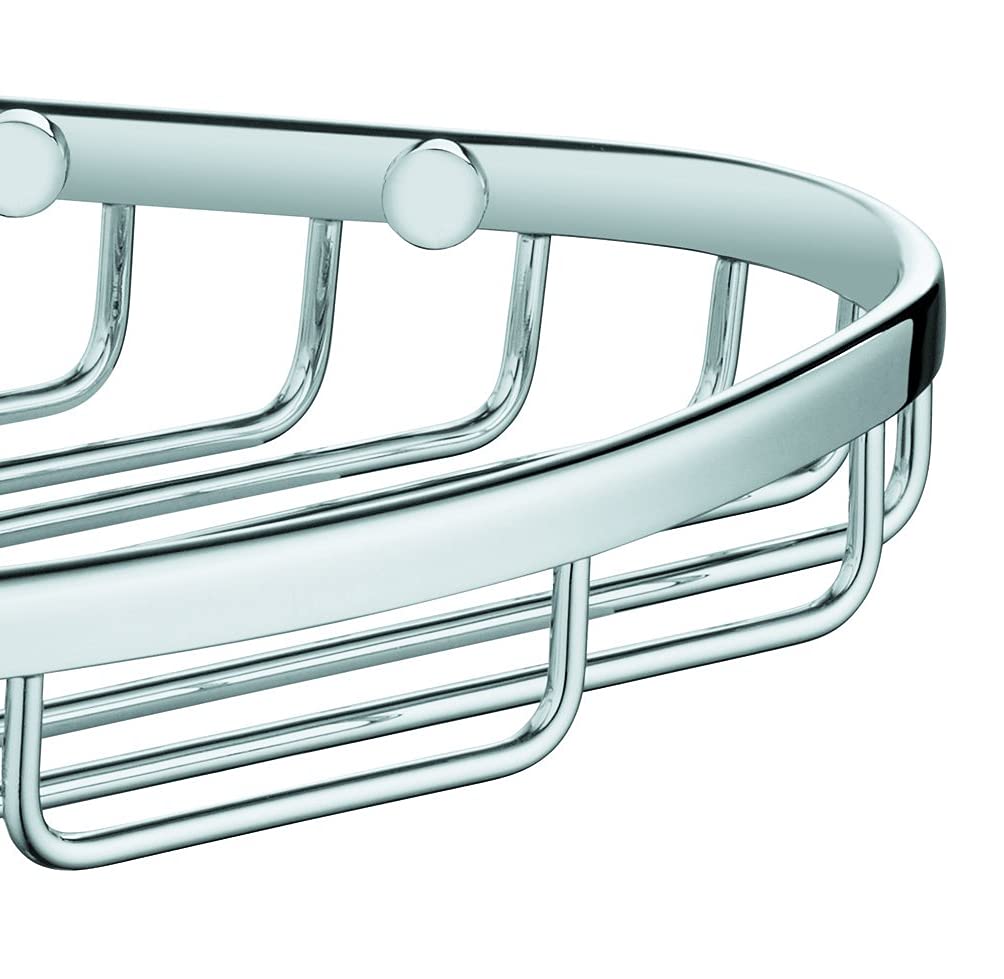 Chrome wire basket with curved top rail, horizontal wire dividers, and mounting brackets.