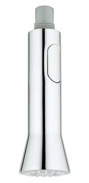 Chrome pull-out spray head with gray rubber collar, grip indentation, and perforated spray face.