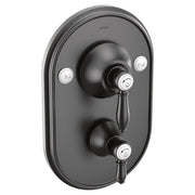 Moen Weymouth matte black shower valve trim with dual lever handles and hot/cold indicators on oval escutcheon plate.