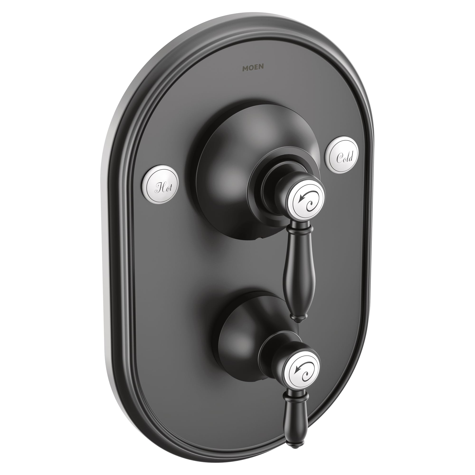 Moen Weymouth matte black shower valve trim with dual lever handles and hot/cold indicators on oval escutcheon plate.