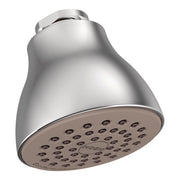 Chrome shower head with tapered body and tan spray face featuring multiple circular spray holes.
