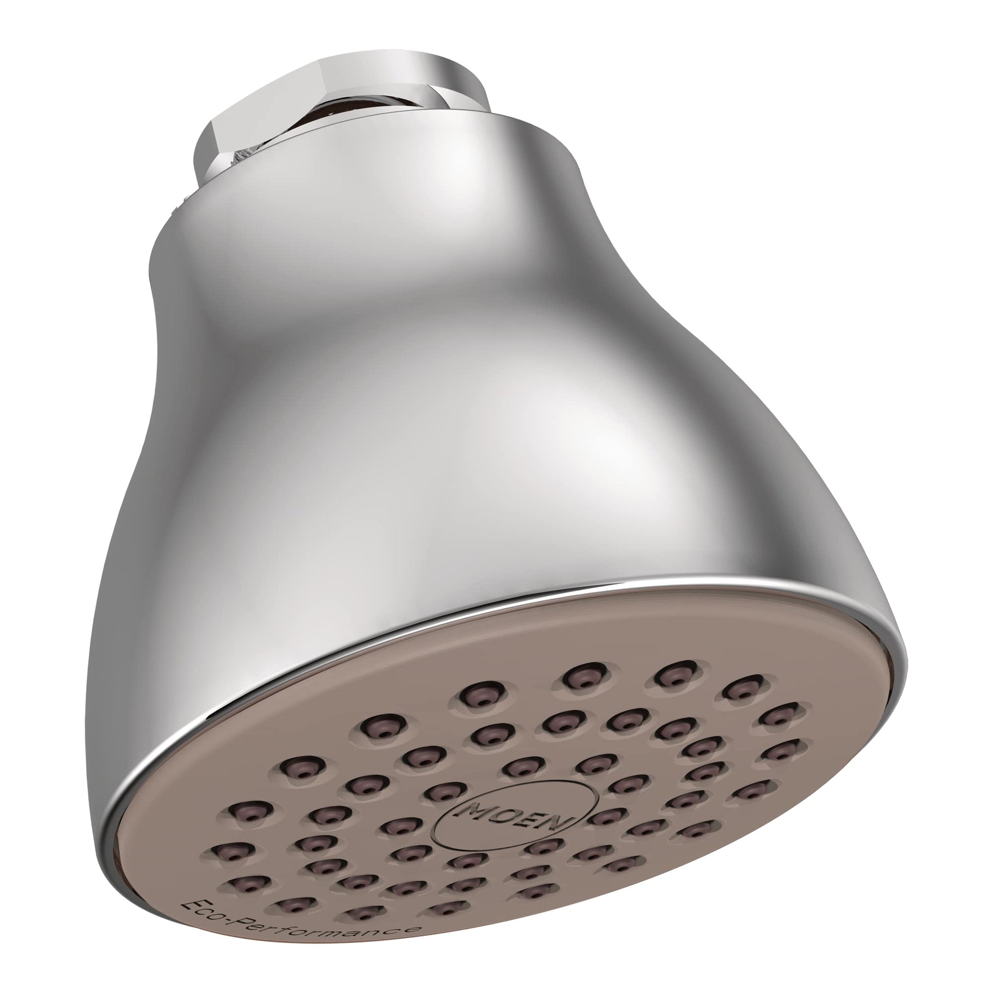 Chrome shower head with tapered body and tan spray face featuring multiple circular spray holes.