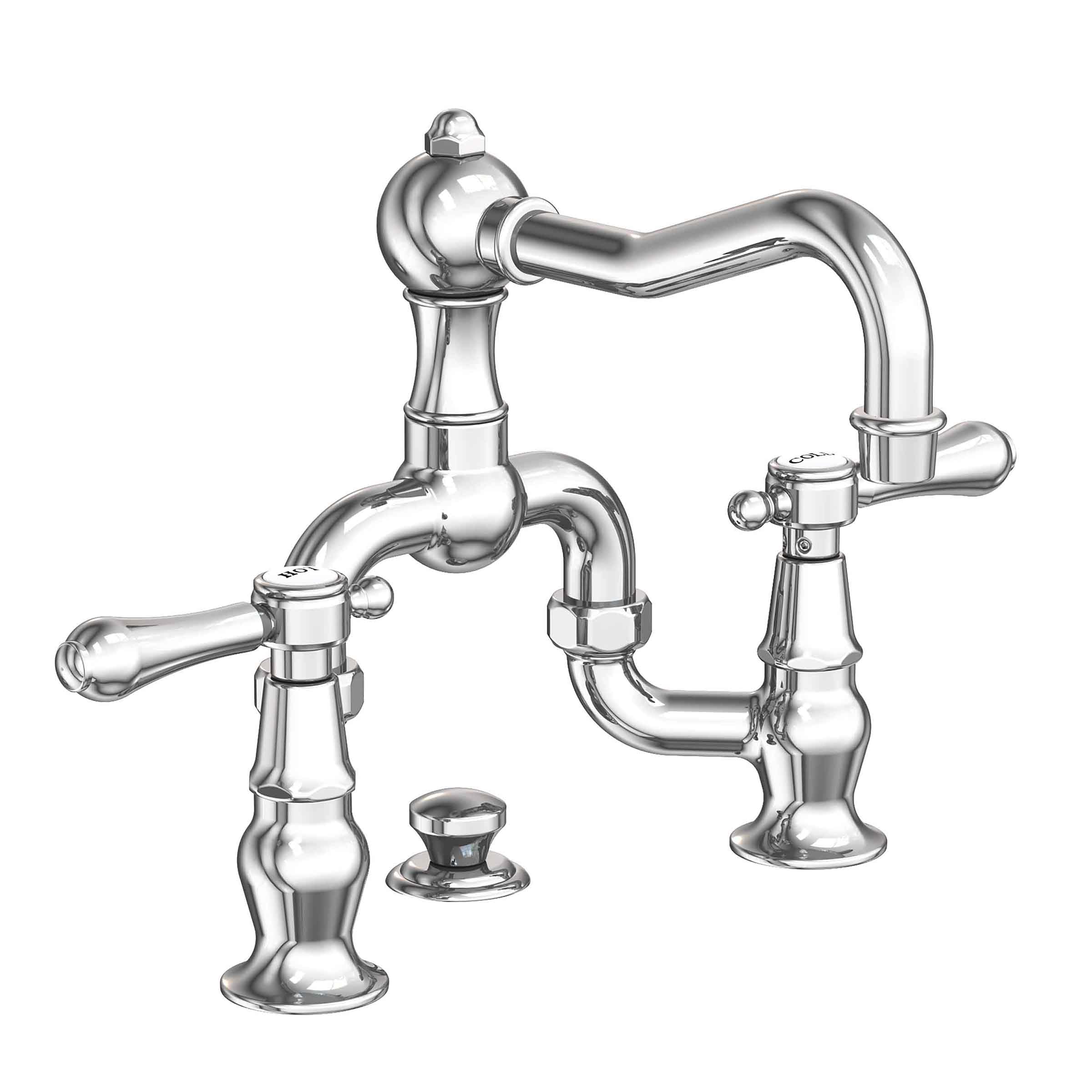 Bridge lavatory faucet with curved spout, two lever handles, and polished chrome finish.