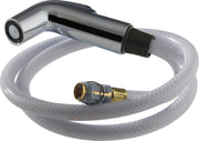 Chrome side spray with curved nozzle and flexible clear hose with brass connector.