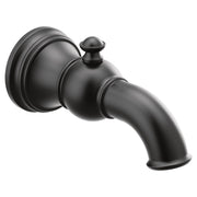 Matte black tub spout with diverter, curved outlet, and circular wall flange with decorative trim ring.