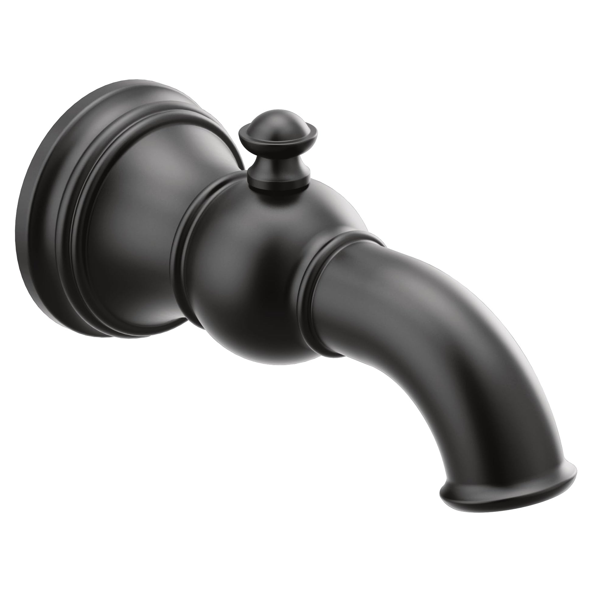 Matte black tub spout with diverter, curved outlet, and circular wall flange with decorative trim ring.