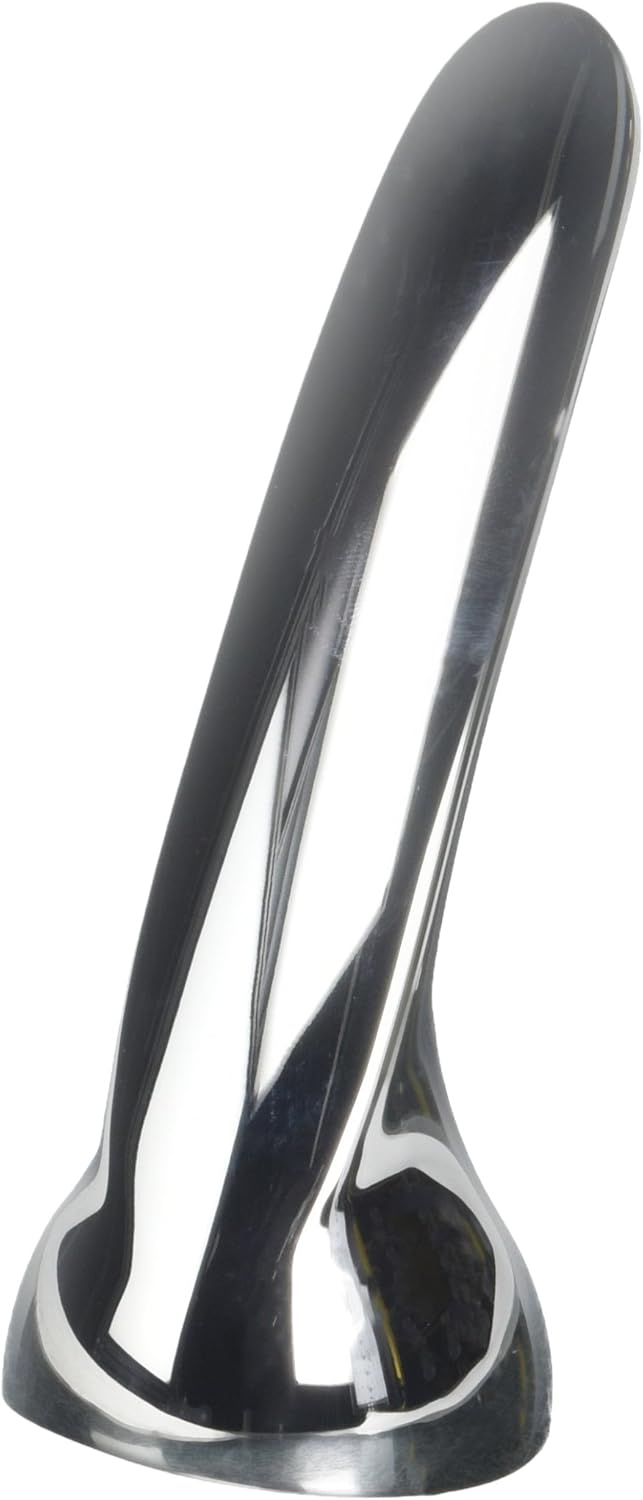 Chrome metal lever handle with curved design and circular base, shown from front angle.