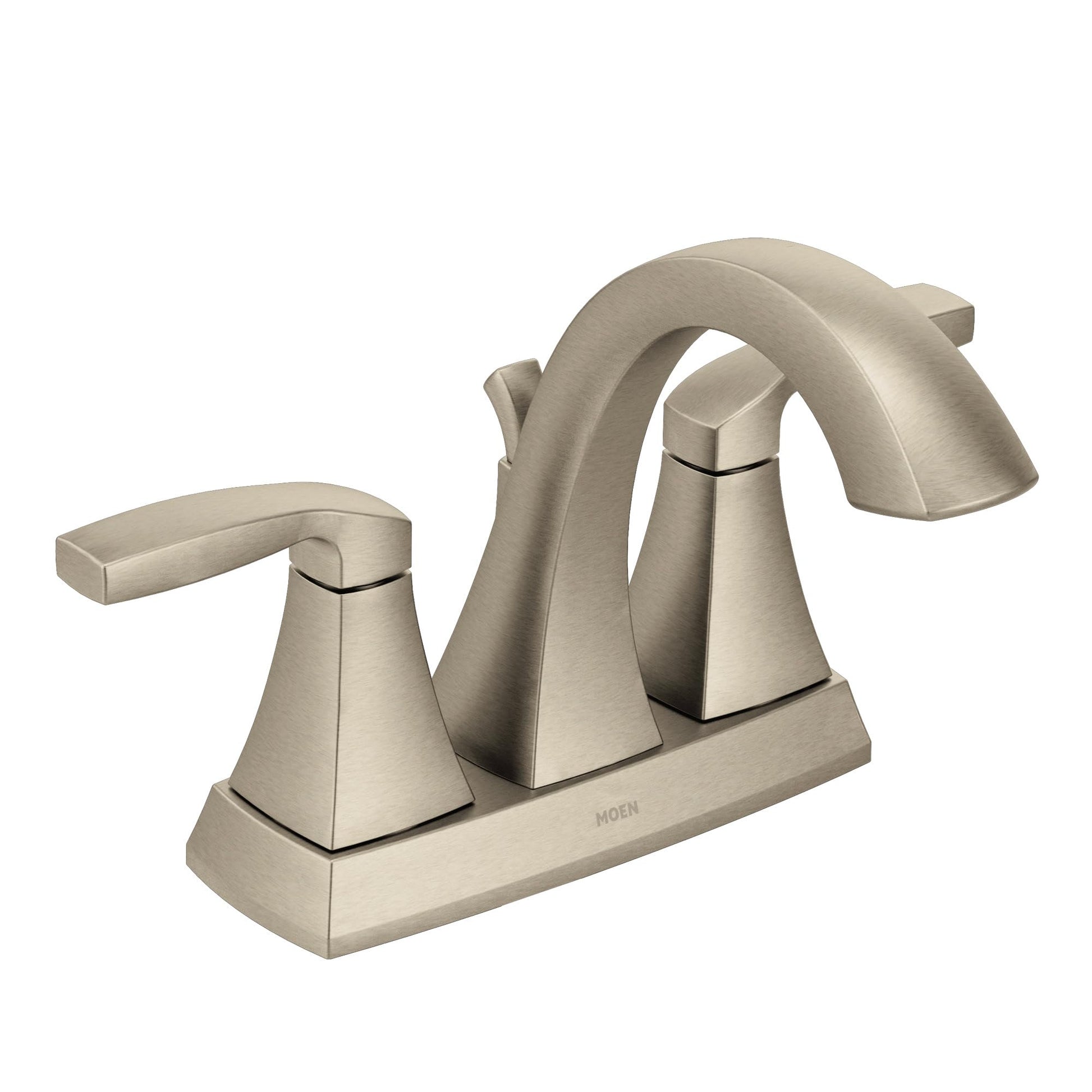 Brushed nickel two-handle bathroom faucet with high arc spout and rectangular handles on square base.