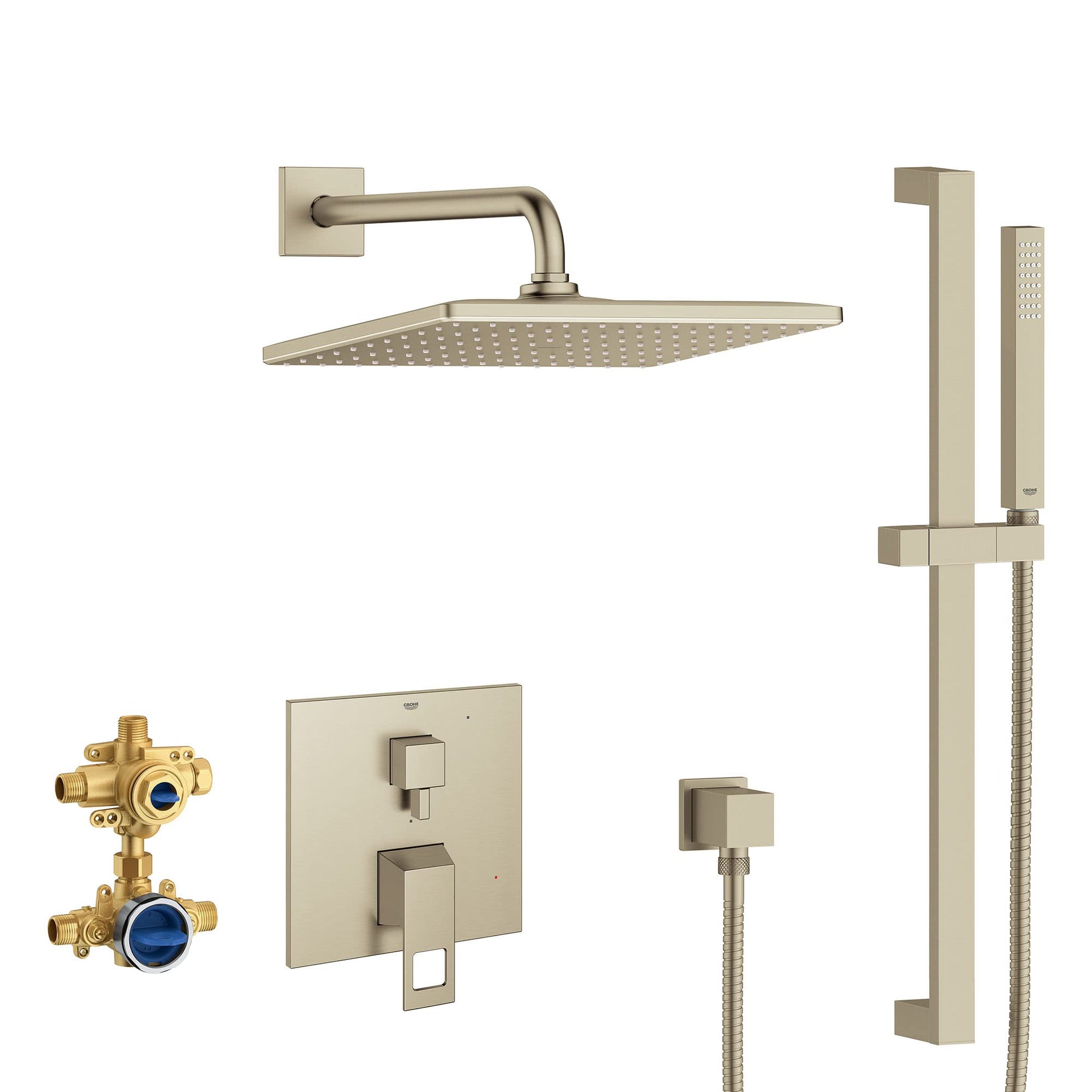 Brushed nickel shower set with square wall-mounted handles, rectangular rain showerhead, vertical slide bar, handheld sprayer