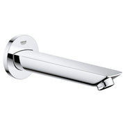 Grohe Bauloop chrome tub spout with round wall flange and angled spout outlet.