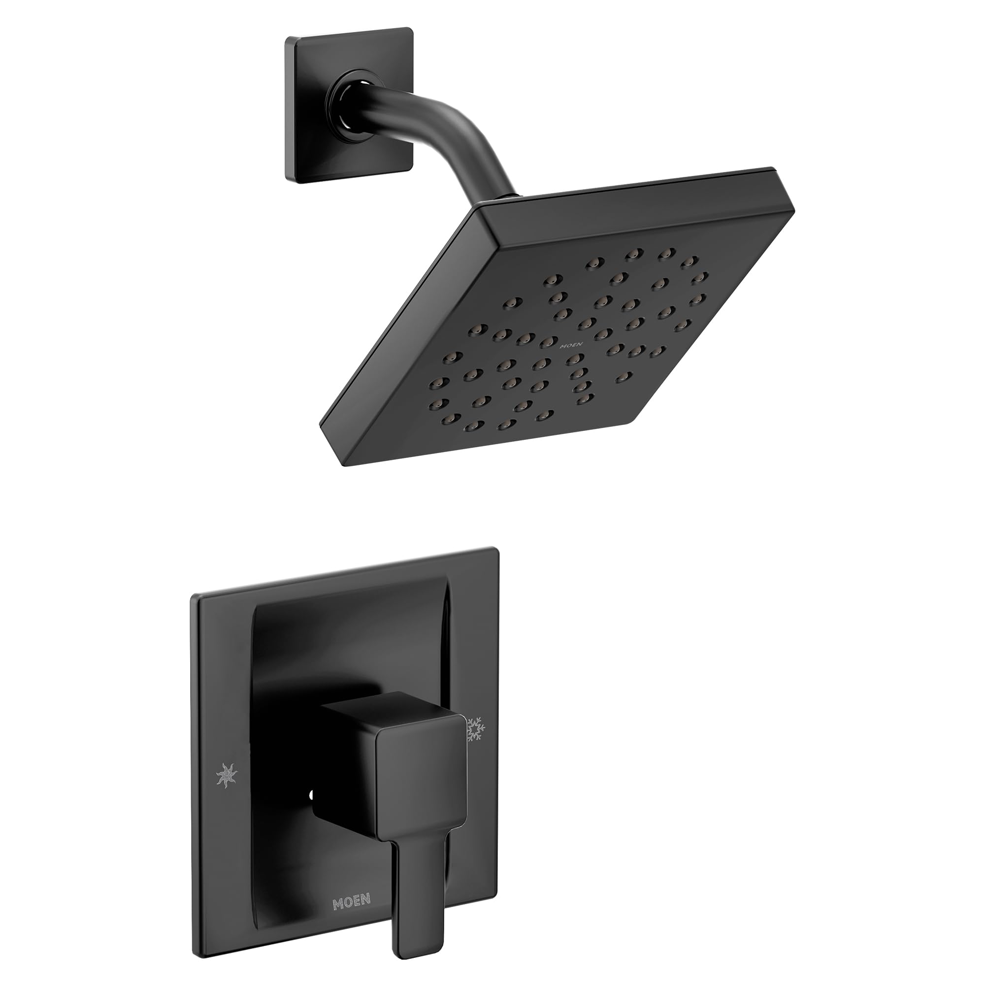 Matte black shower trim kit with square showerhead, curved arm, and single-lever valve control.