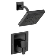 Matte black shower trim kit with square showerhead and curved arm mounted on wall plate with control handle.
