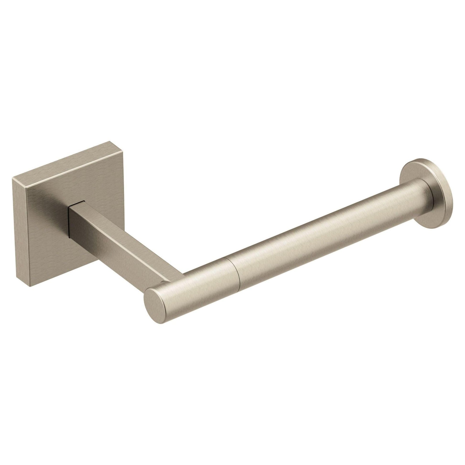 Brushed nickel single post toilet paper holder with square wall mount and cylindrical rod.