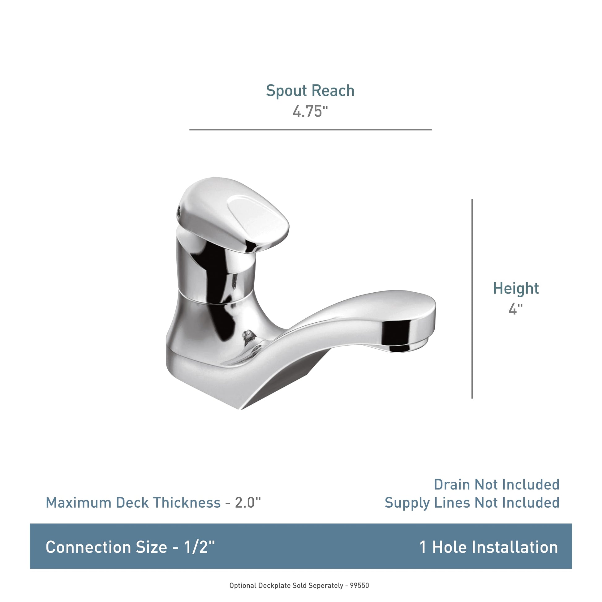 Chrome single-handle bathroom faucet with curved spout and lever handle, 4 inches tall with 4.75 inch spout reach.