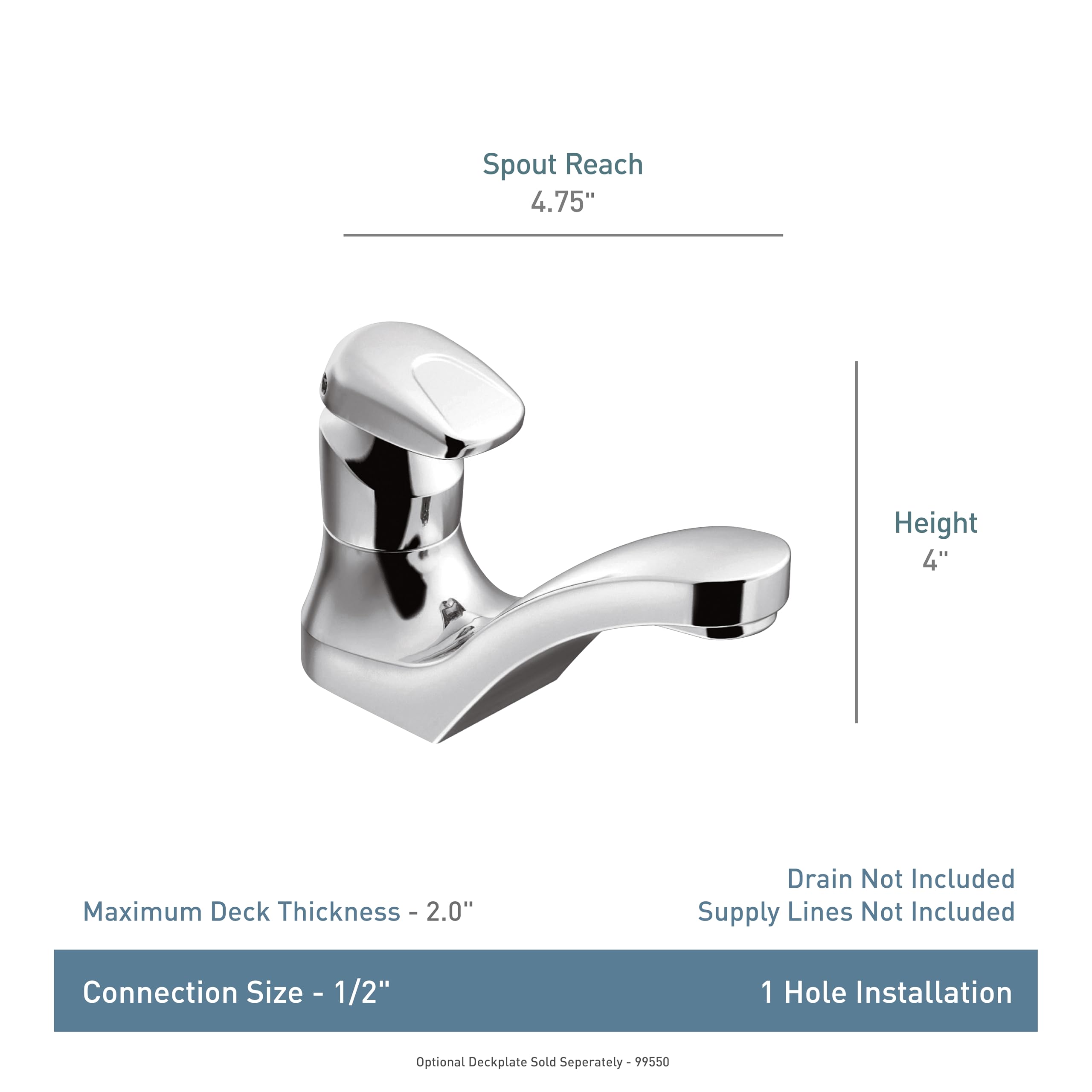 Chrome single-handle bathroom faucet with curved spout and lever handle, 4 inches tall with 4.75 inch spout reach.