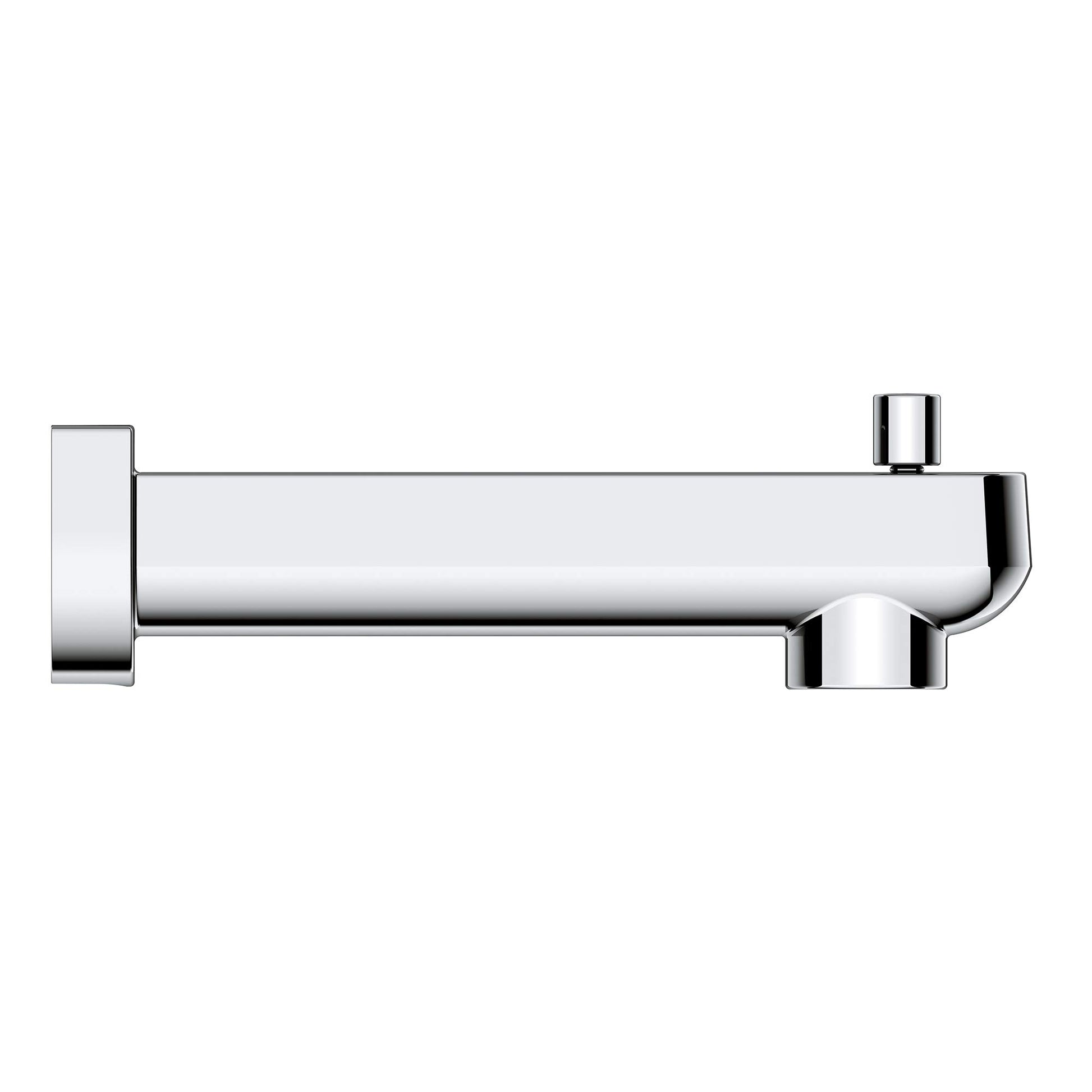 Chrome tub spout with diverter lever and wall mount flange.