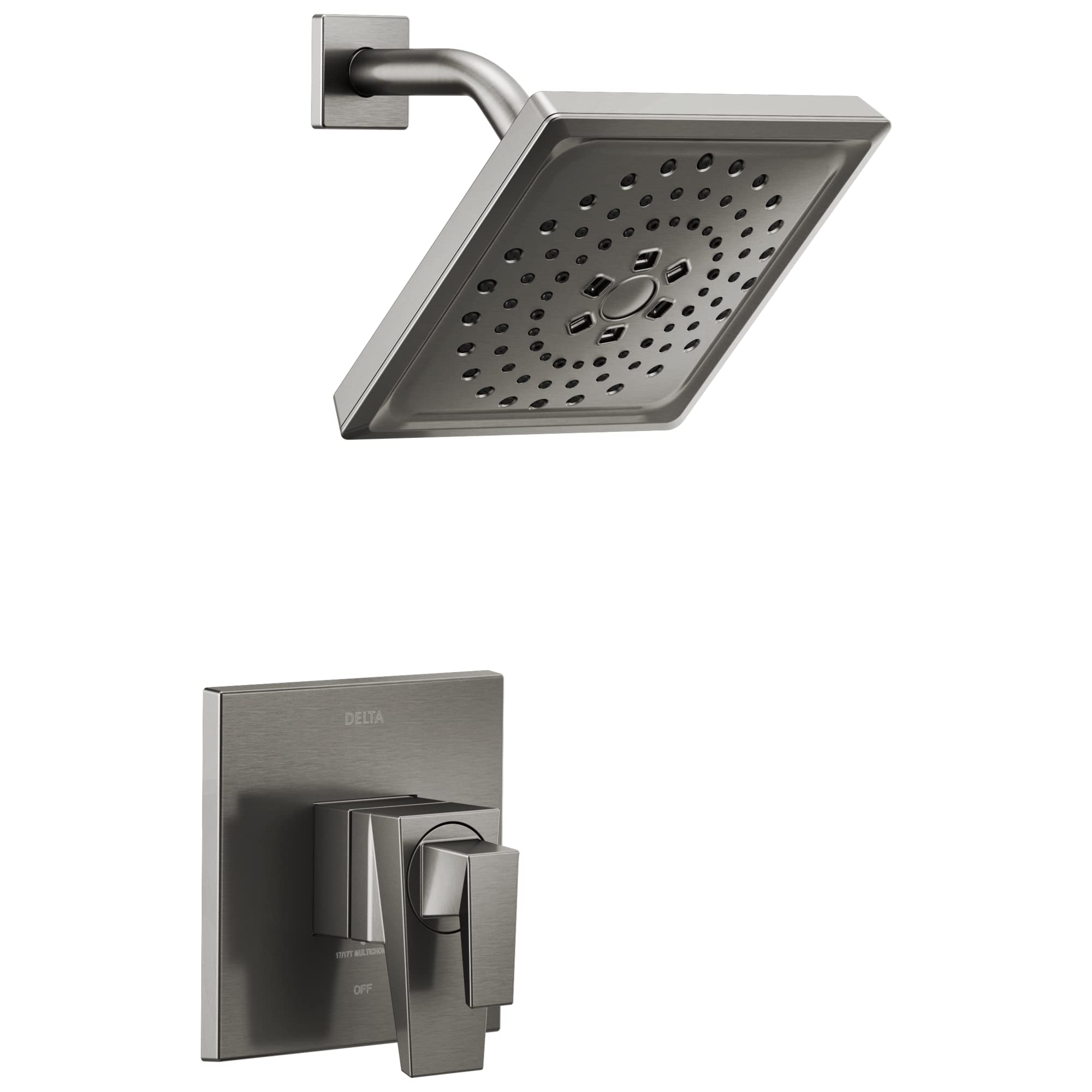 Brushed nickel shower head with multiple spray holes and curved arm, paired with matching square wall valve trim plate and ha
