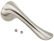Curved metal lever handle in stainless steel finish with round base and two small mounting components.