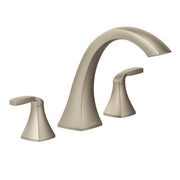 Brushed nickel two-handle Roman tub faucet trim with curved spout and lever handles.