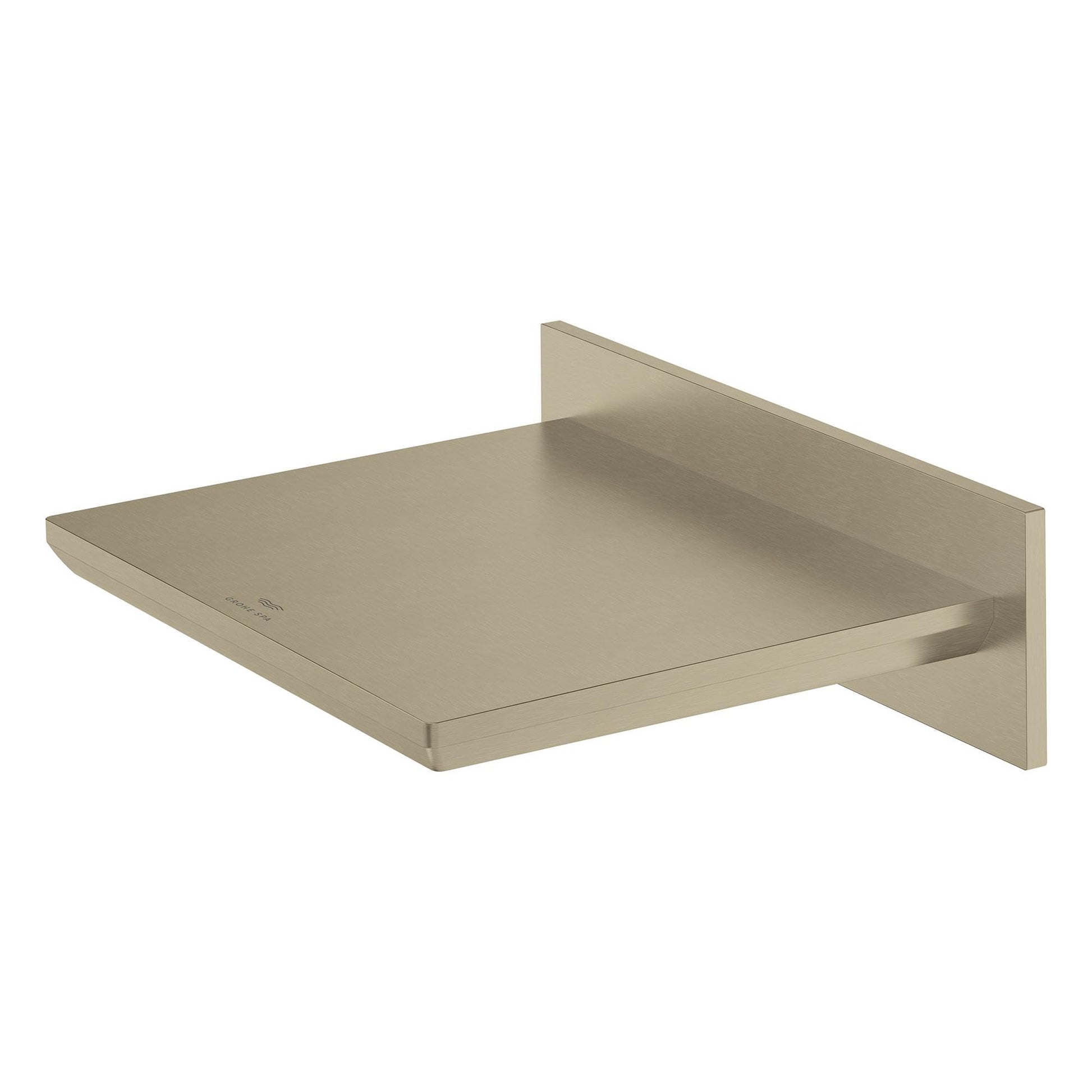 Brushed nickel wall-mounted rectangular tub spout with flat platform and vertical mounting bracket.