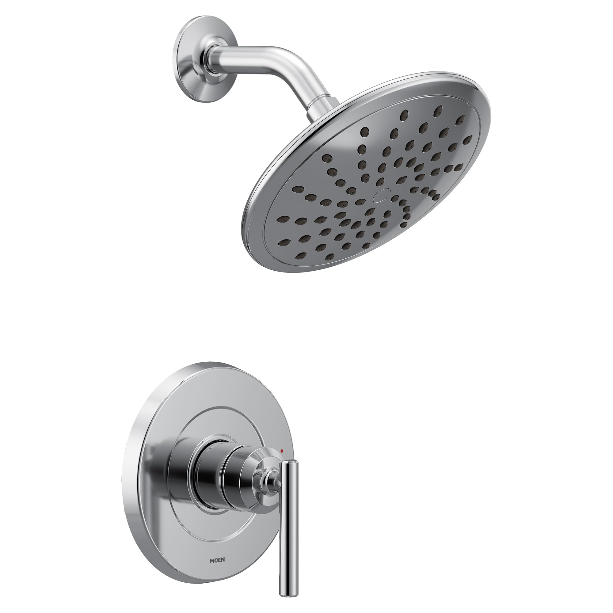 Chrome shower trim kit with round showerhead and single lever handle valve.