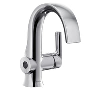 Chrome single-handle bathroom faucet with curved spout and motion sensor on base.