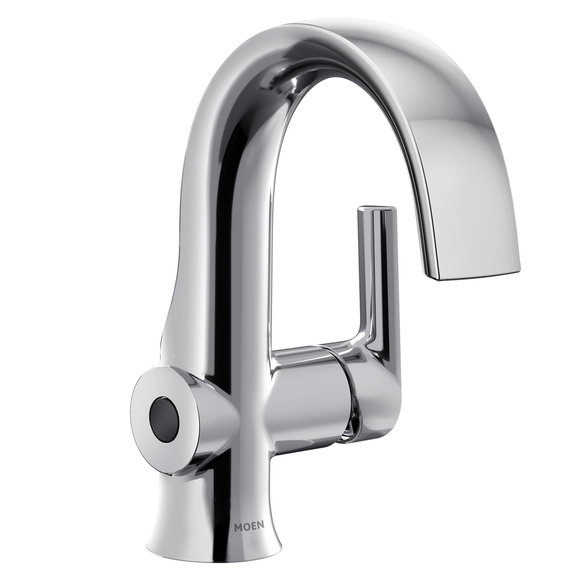 Chrome single-handle bathroom faucet with curved spout and motion sensor on base.