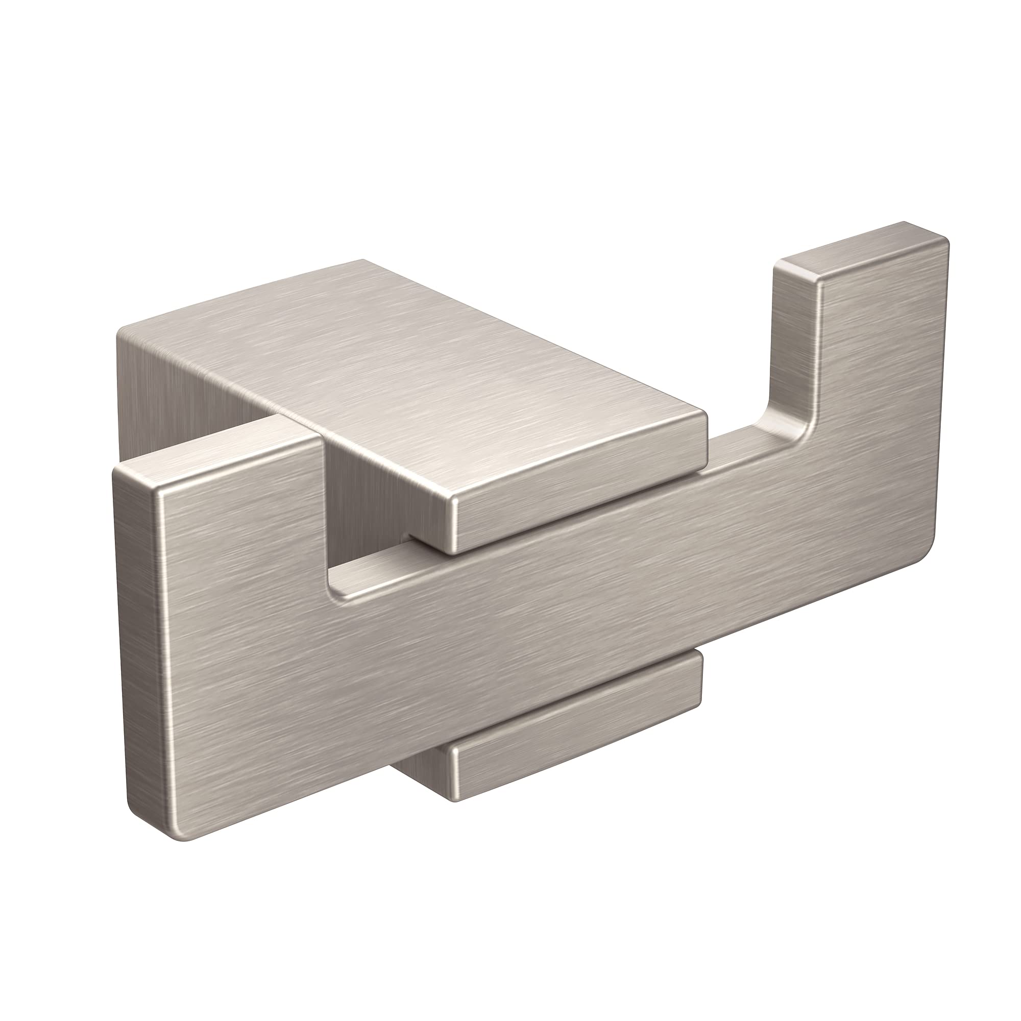 Brushed nickel double robe hook with two horizontal hooks extending from a rectangular wall-mounted base.
